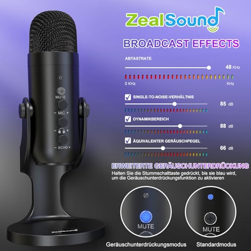 zealsound USB Mikrofon, Kondensator Mikrofon für PC Handy, PS4, PS5, Microphone PC USB C für Gaming, Podcast,Aufnahmen,Streaming,ASMR mit Stumm/Gain/Echo, Adapter für Phone,Kompatibel mit Mac, Winows