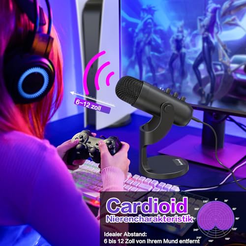 zealsound USB Mikrofon, Kondensator Mikrofon für PC Handy, PS4, PS5, Microphone PC USB C für Gaming, Podcast,Aufnahmen,Streaming,ASMR mit Stumm/Gain/Echo, Adapter für Phone,Kompatibel mit Mac, Winows
