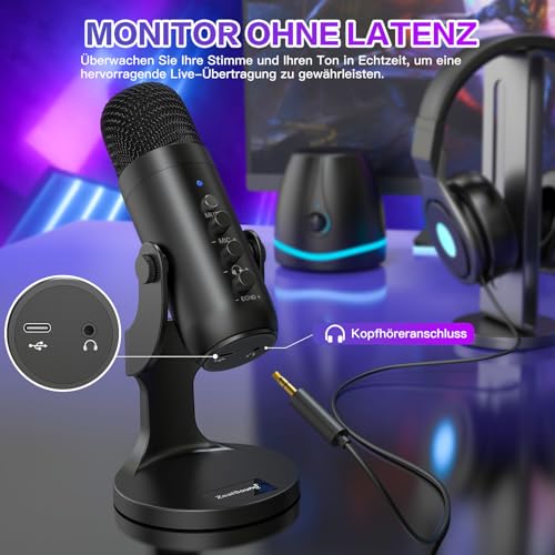 zealsound USB Mikrofon, Kondensator Mikrofon für PC Handy, PS4, PS5, Microphone PC USB C für Gaming, Podcast,Aufnahmen,Streaming,ASMR mit Stumm/Gain/Echo, Adapter für Phone,Kompatibel mit Mac, Winows