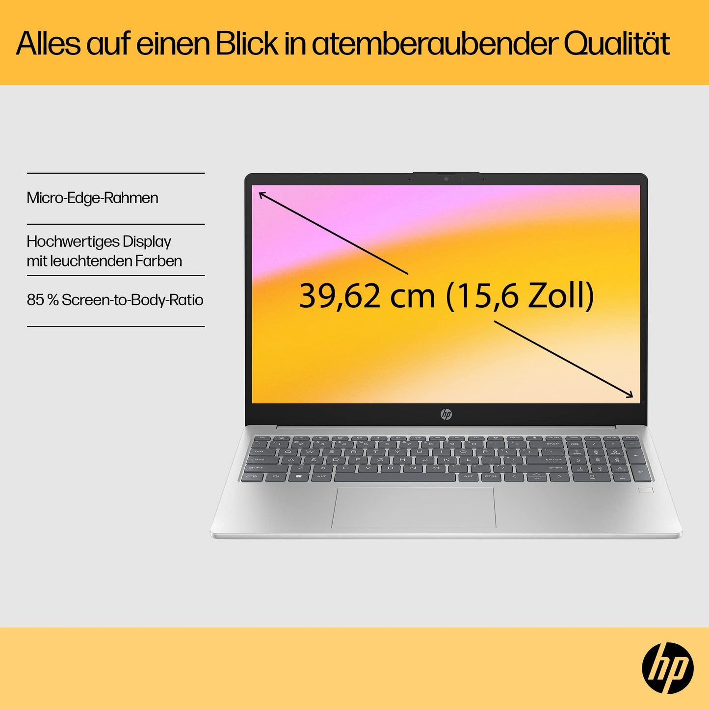 HP Laptop, 15,6 Zoll (39,6 cm) FHD IPS Display, AMD Ryzen 5 7520U, 16 GB RAM, 512 GB SSD, AMD Radeon-Grafik, Windows 11 Home, QWERTZ Tastatur, silber, mit HP Fast Charge