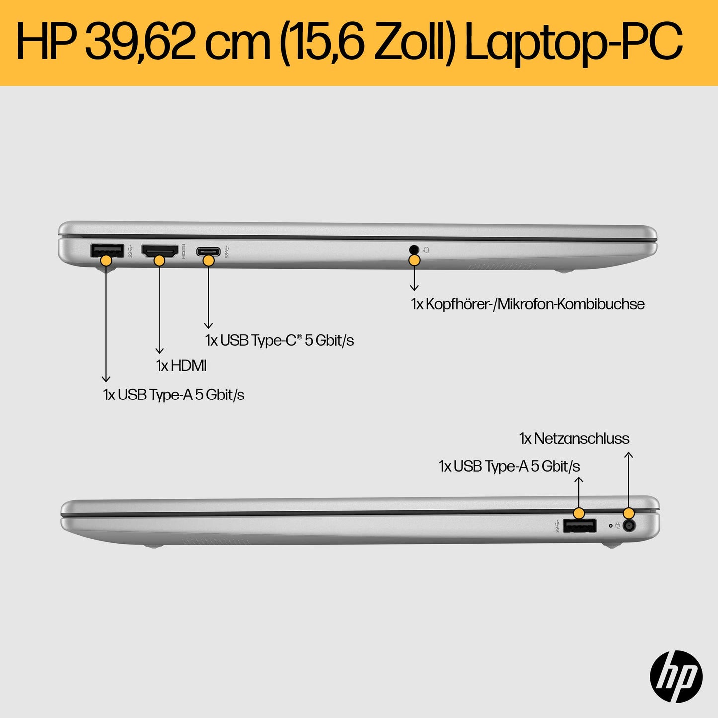 HP Laptop, 15,6 Zoll (39,6 cm) FHD IPS Display, AMD Ryzen 5 7520U, 16 GB RAM, 512 GB SSD, AMD Radeon-Grafik, Windows 11 Home, QWERTZ Tastatur, silber, mit HP Fast Charge