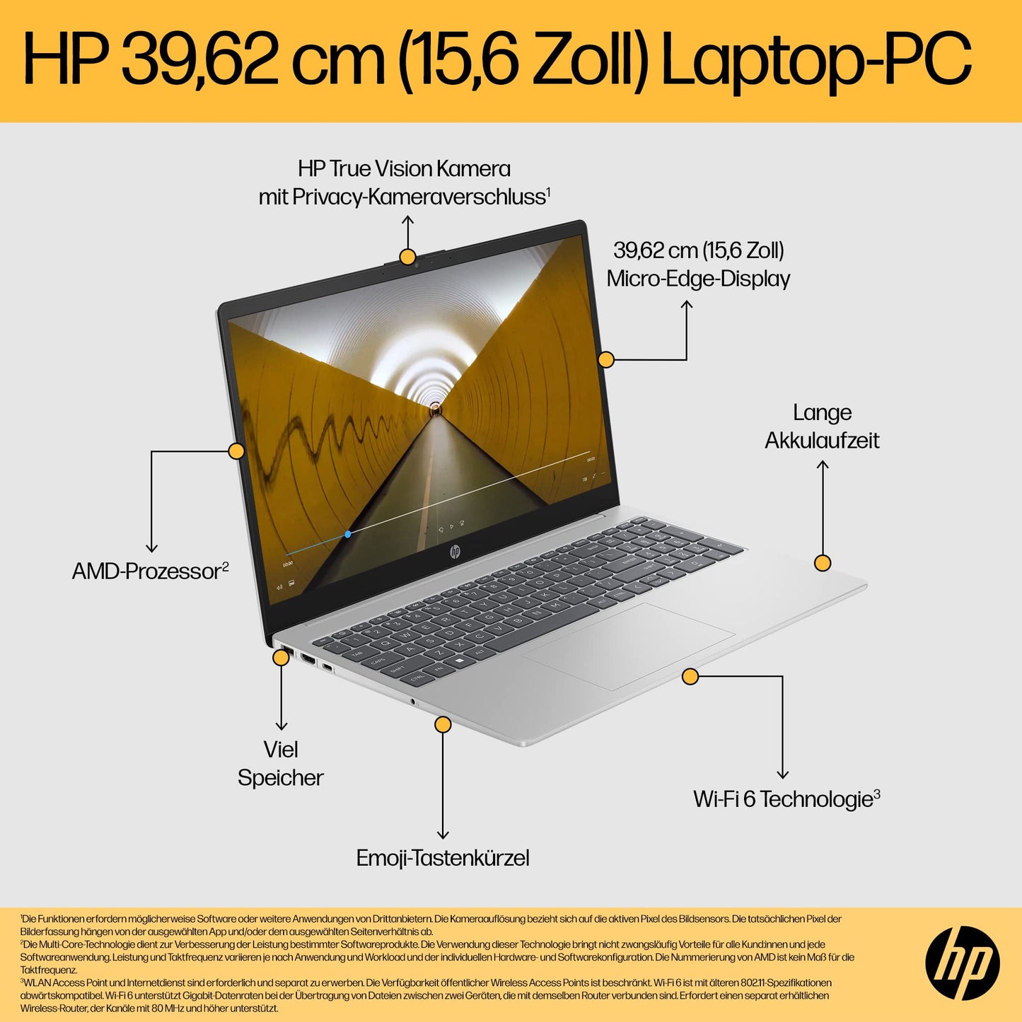 HP Laptop, 15,6 Zoll (39,6 cm) FHD IPS Display, AMD Ryzen 5 7520U, 16 GB RAM, 512 GB SSD, AMD Radeon-Grafik, Windows 11 Home, QWERTZ Tastatur, silber, mit HP Fast Charge
