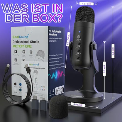 zealsound USB Mikrofon, Kondensator Mikrofon für PC Handy, PS4, PS5, Microphone PC USB C für Gaming, Podcast,Aufnahmen,Streaming,ASMR mit Stumm/Gain/Echo, Adapter für Phone,Kompatibel mit Mac, Winows