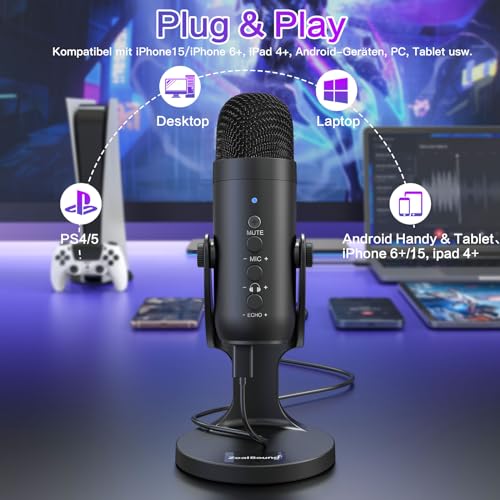 zealsound USB Mikrofon, Kondensator Mikrofon für PC Handy, PS4, PS5, Microphone PC USB C für Gaming, Podcast,Aufnahmen,Streaming,ASMR mit Stumm/Gain/Echo, Adapter für Phone,Kompatibel mit Mac, Winows