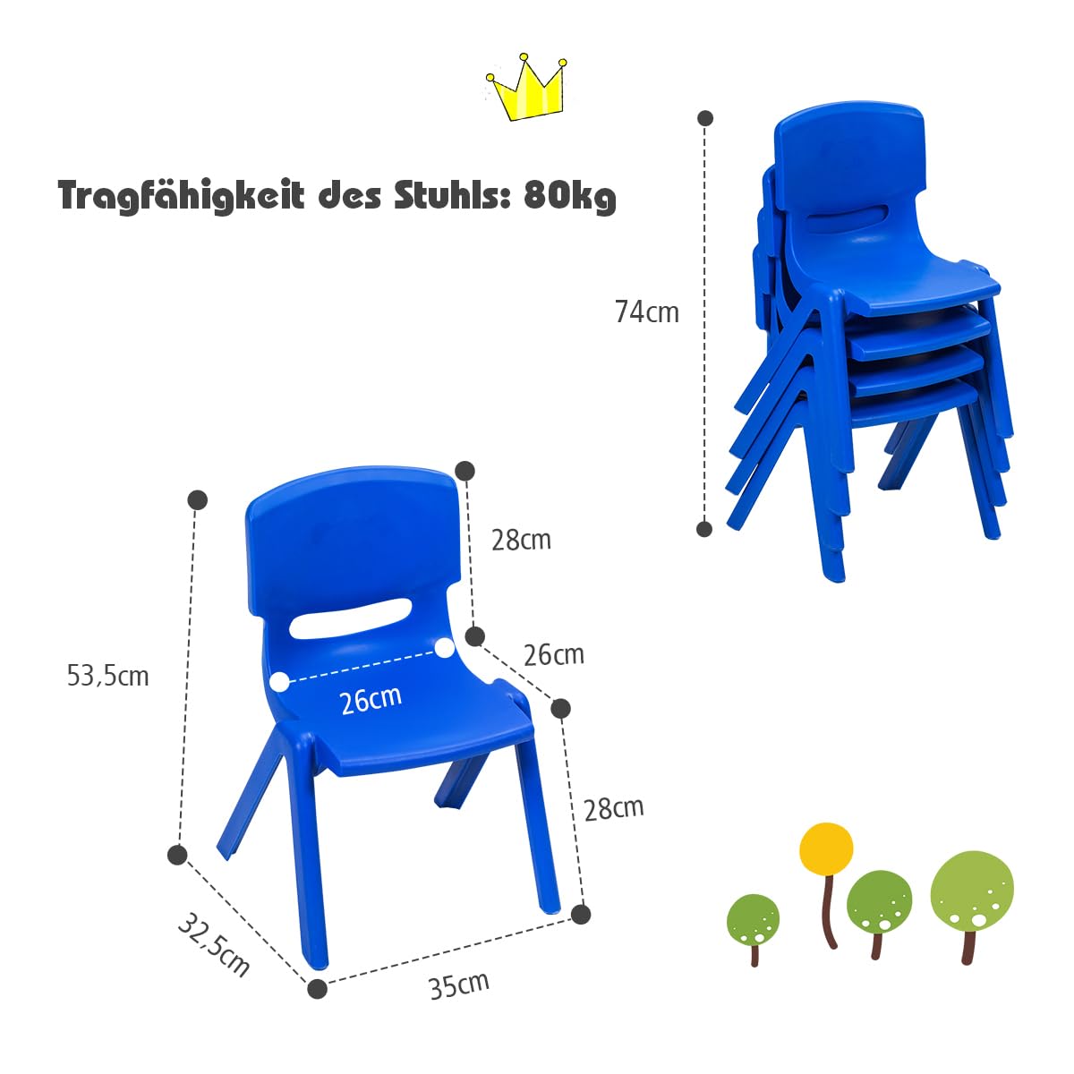 COSTWAY 6er Set Kinderstühle, stapelbare Stühle mit Rückenlehne, bis 80 kg belastbar, für Spielzimmer, Kindergarten, Zuhause oder draußen