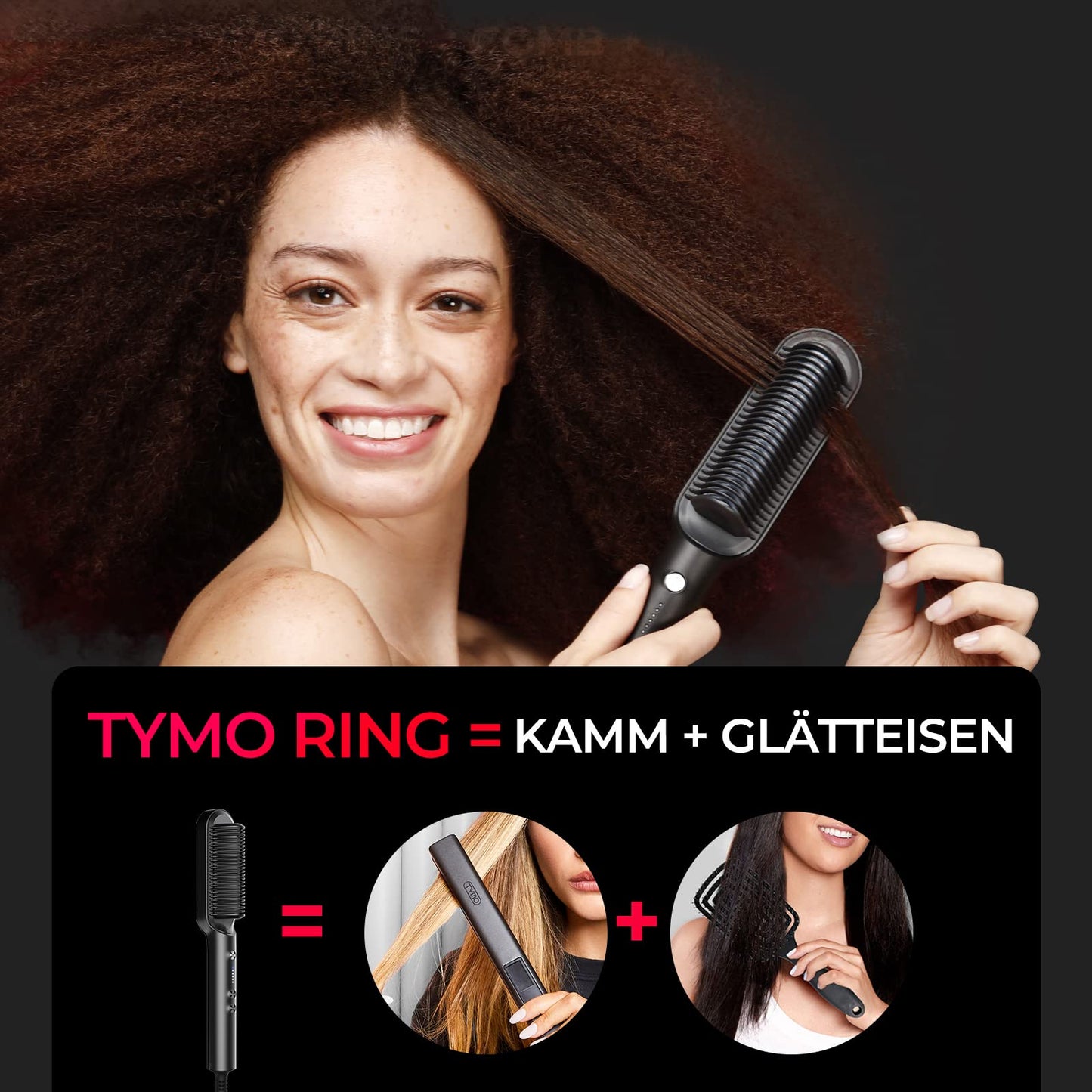 TYMO Glättbürste, Haarglättungsbürste, Glättungskamm mit Verbrühungsschutz, Schneller Keramikerwärmung, 5 Wärmestufen, Automatische Abschaltung, Frizz-Free, 360-Grad, TYMO RING