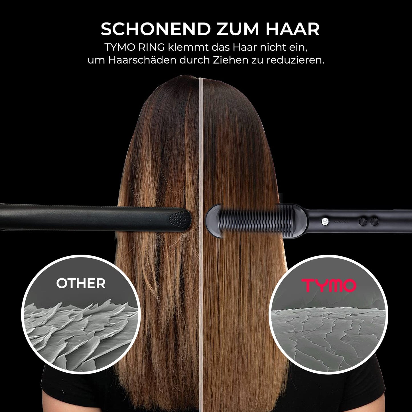 TYMO Glättbürste, Haarglättungsbürste, Glättungskamm mit Verbrühungsschutz, Schneller Keramikerwärmung, 5 Wärmestufen, Automatische Abschaltung, Frizz-Free, 360-Grad, TYMO RING