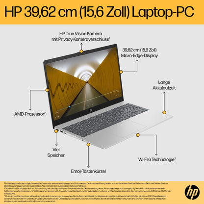 HP Laptop, 15,6 Zoll (39,6 cm) FHD IPS Display, AMD Ryzen 5 7520U, 16 GB RAM, 512 GB SSD, AMD Radeon-Grafik, Windows 11 Home, QWERTZ Tastatur, silber, mit HP Fast Charge