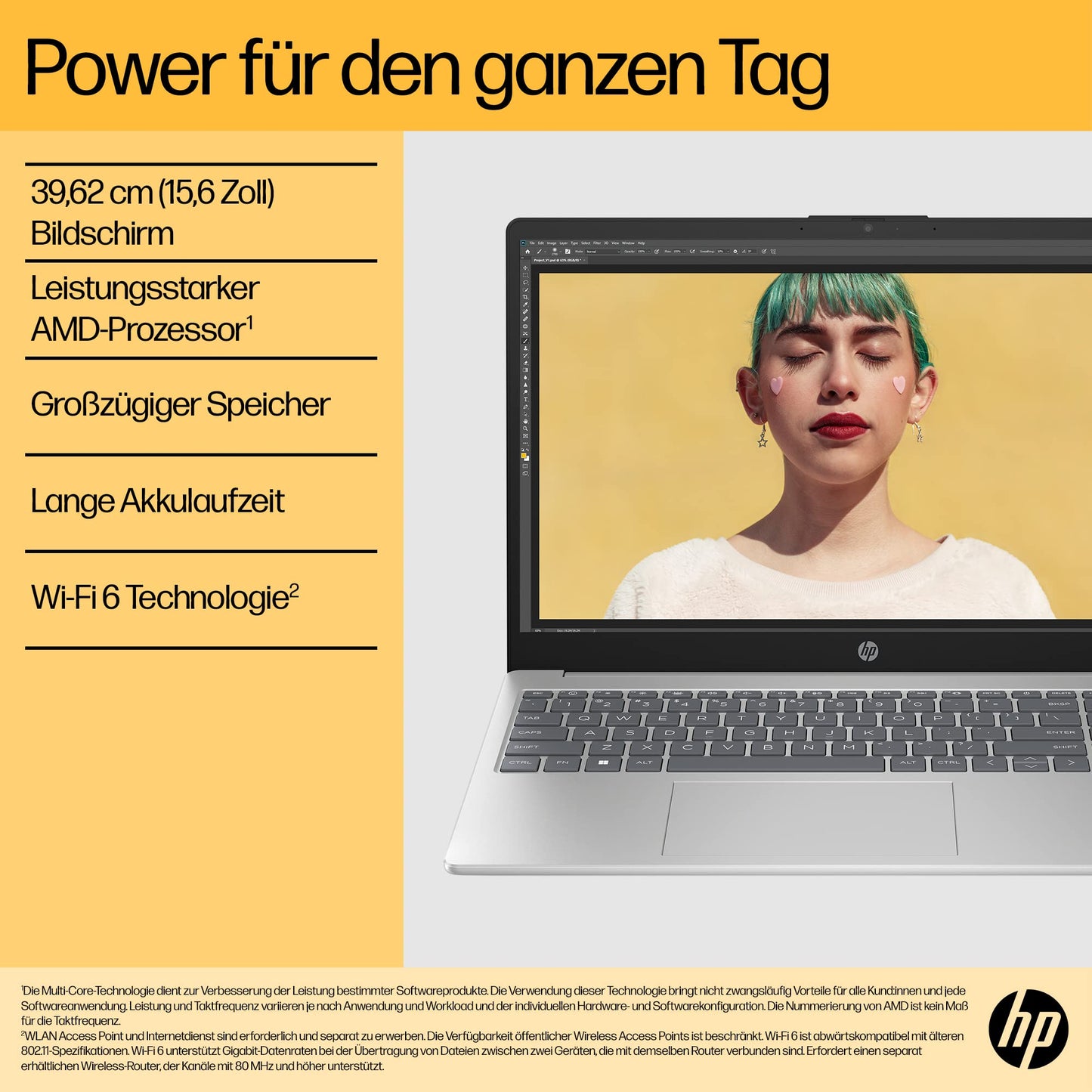 HP Laptop, 15,6 Zoll (39,6 cm) FHD IPS Display, AMD Ryzen 5 7520U, 16 GB RAM, 512 GB SSD, AMD Radeon-Grafik, Windows 11 Home, QWERTZ Tastatur, silber, mit HP Fast Charge